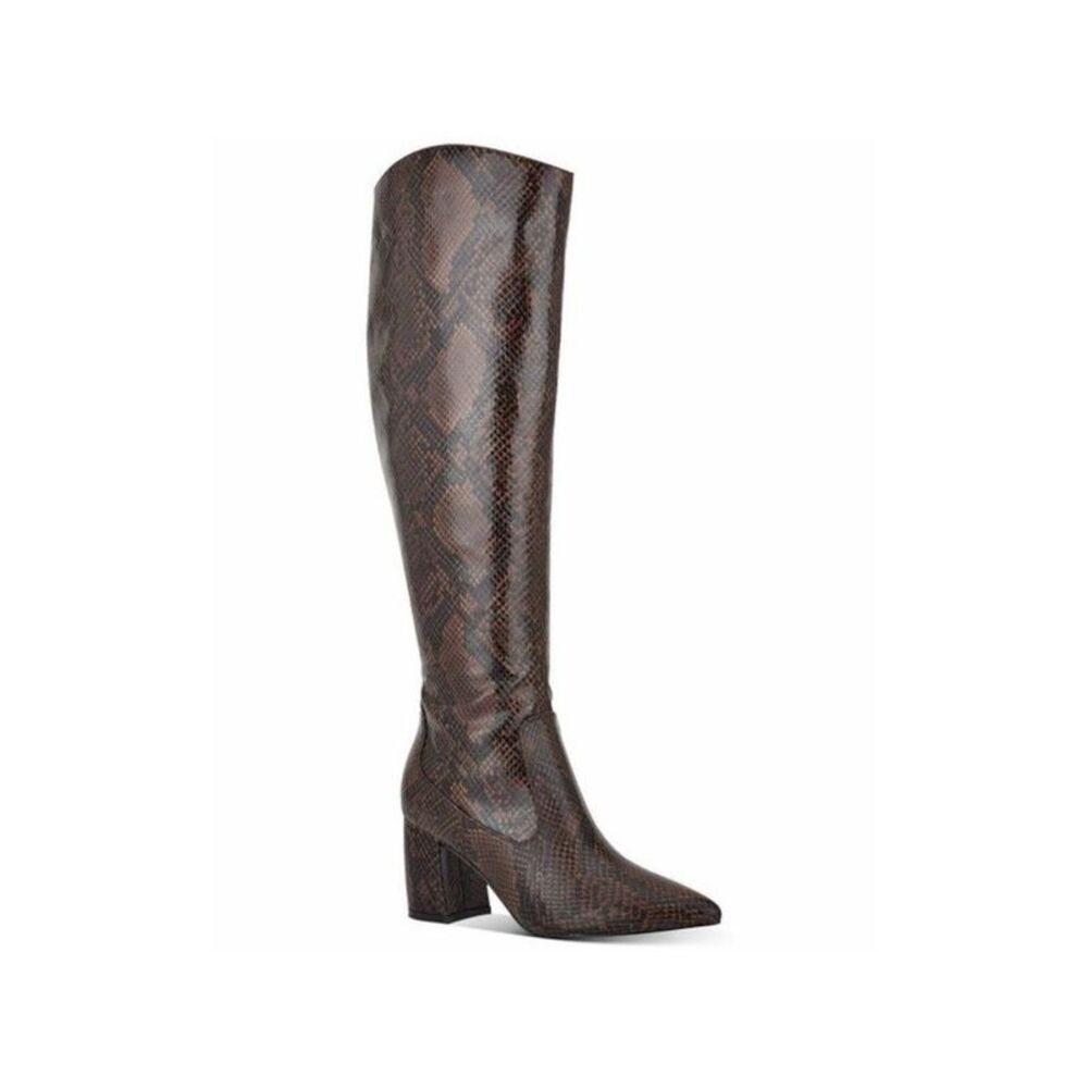 MARC FISHER Womens Brown Snake Print Retie Pointed Toe Block Heel Boots 7 M